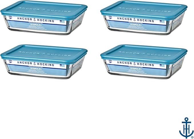 Anchor Hocking SnugFitTM Rectangular Food Storage Containers with Lids (4-Piece, 6-cup, Teal, oven-safe)
