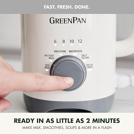 GreenPan Nut Milk Maker, 15-in-1 Homemade Soy, Almond, Oat, Coconut, Non-Dairy, Rice, Soup, Baby Food, BPA-Free, Smooth Creamy Texture, Self Clean, Barista Quality Milk, Delay Start, Boil Water, Cream