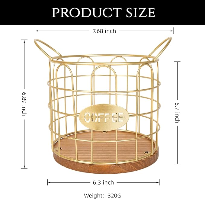 Coffee Pod Holder, Large Capacity K Cup Holder Organizer,Big Metal Kcup Capsule Storage Basket with Wooden Base, Coffee Bar Decor Station Accessories for Kitchen Counter Office Desktop (Gold)