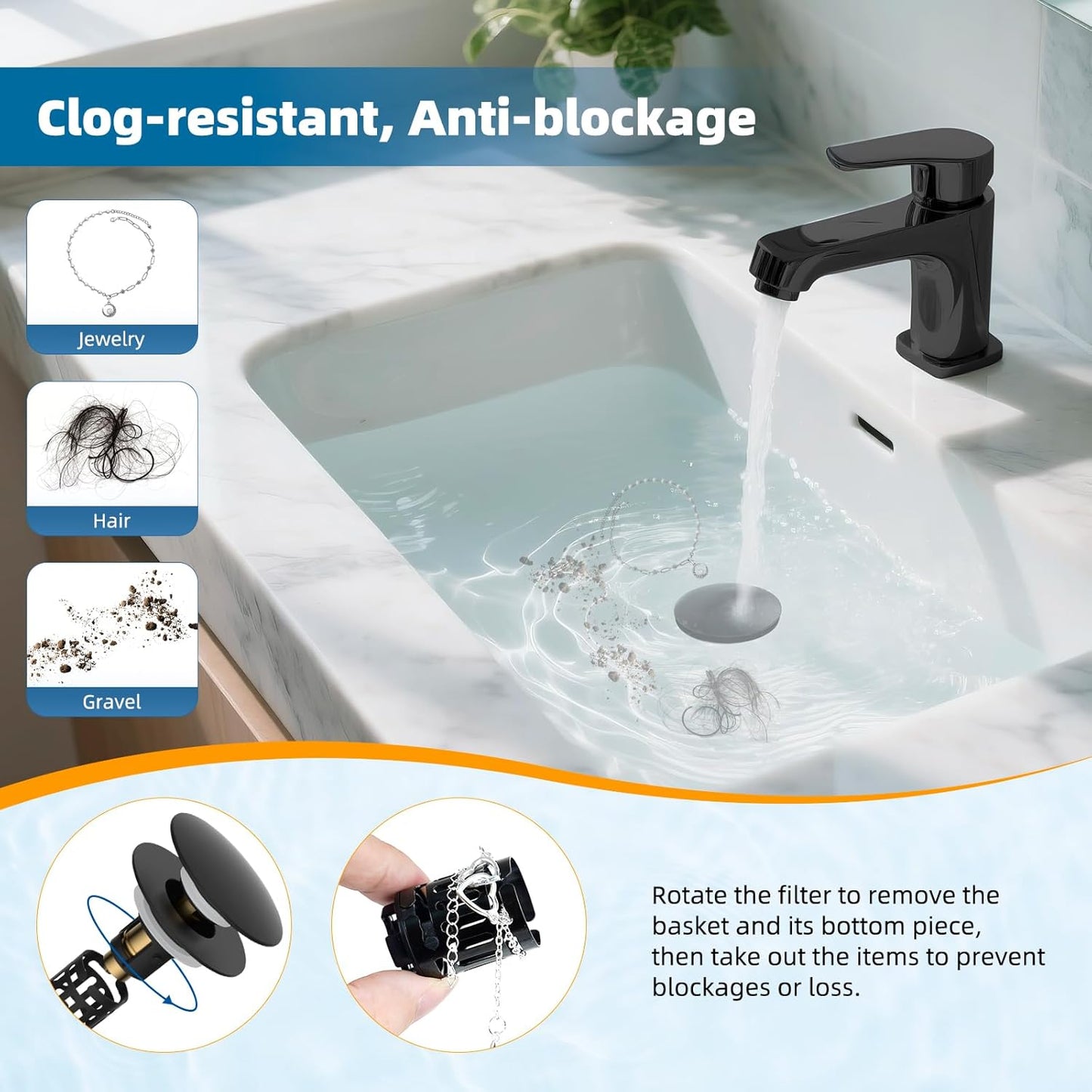 Hibbent 2 Pack Upgraded 3 in 1 Bathroom Sink Drain Strainer, Pop Up Sink Stopper with Big Push Cap, Anti-Clogging Metal Filter Basket,Sink Plug with Hair Catcher for 1.1''~2.36'' Basin, Matte Black