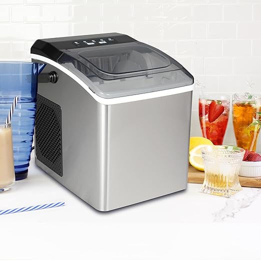 Kenmore Countertop Ice Maker – Maquina para Hacer Hielo en Casa, Nugget Ice Maker Makes 9 Pebble in 6 Mins, Portable Self‑Cleaning Ice Machine, 26 Lbs/Day, Stainless Steel