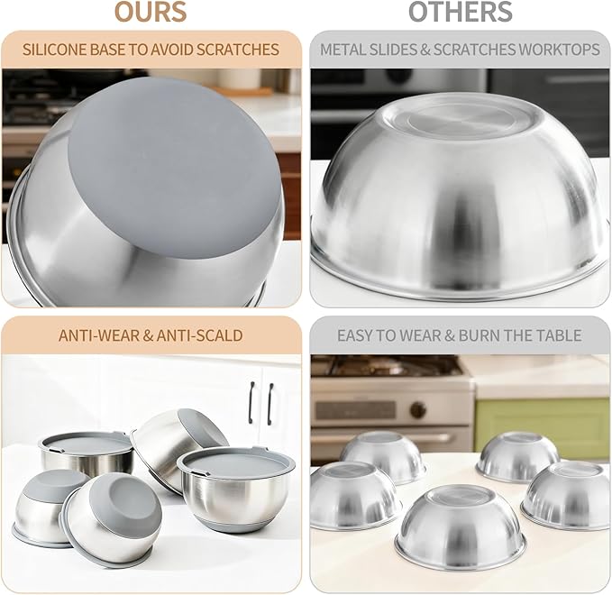 Deedro Premium Mixing Bowls with Airtight Lids Set, 22Pcs Thicker Stainless Steel Mixing Bowl Set, Large Prep Metal Bowls, Non-Slip Silicone Base Nesting Bowls for Kitchen, 1.5/2/3/4/5 QT, Gray