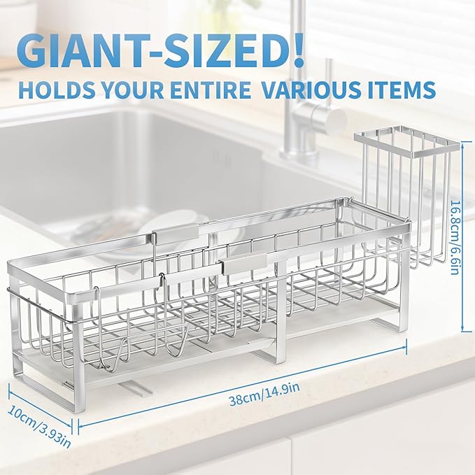 Extra Large Extendable Sponge Holder for Kitchen Sink, Rustproof Sink Caddy Organizer with High Brush Holder, Dish Soap Dispenser Organizers and Storage (Stainless Steel)