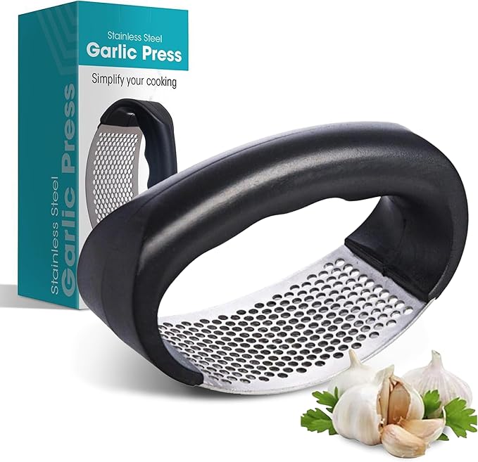 Fourteen Homes Steel Garlic Press - Premium Garlic Mincer Garlic Crusher - New Innovative Garlic Masher with Peeler - Rust Proof - Sturdy Grip (Black)