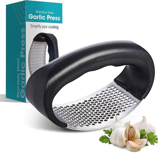 Fourteen Homes Steel Garlic Press - Premium Garlic Mincer Garlic Crusher - New Innovative Garlic Masher with Peeler - Rust Proof - Sturdy Grip (Black)