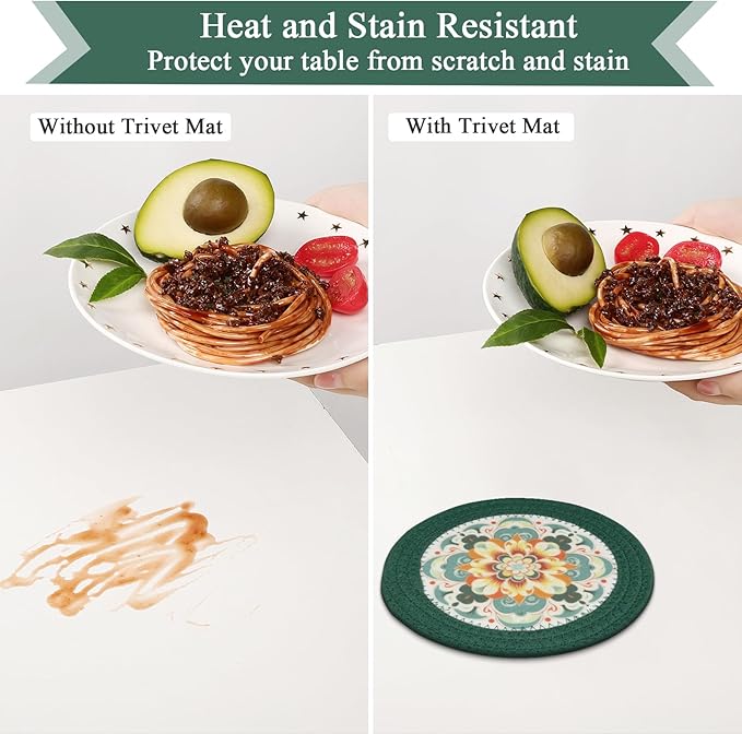 SHACOS 8 Inches Trivets for Hot Dishes, 4 Pieces Cotton and Felt Floral Trivets Mats for Kitchen, Hot Pads for Countertops and Table, Heat-Resistant Pot Holders for Hot Pots and Pans, Dark Green