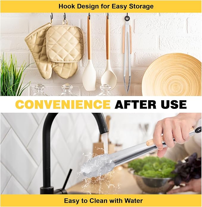 Premium Metal Kitchen Tongs for Cooking - Heat Resistant 1100°F Stainless Steel Tongs with Comfortable Wooden Grips - Perfect for Grill, Salad, Toaster, Cooking, and Serving Food (12-inch)