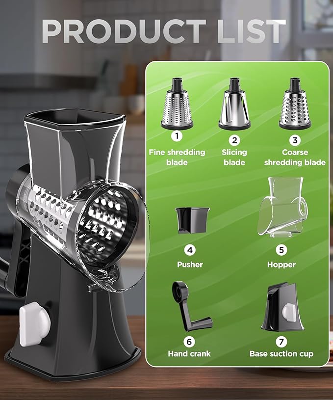 Rotary Cheese Grater Hand Crank, Cheese Shredder/Slicer/Chopper with Large Caliber and Strong Suction Base, 3 Blades for Potatoes/Nuts/Vegetables, Easy to Use Clean for Home