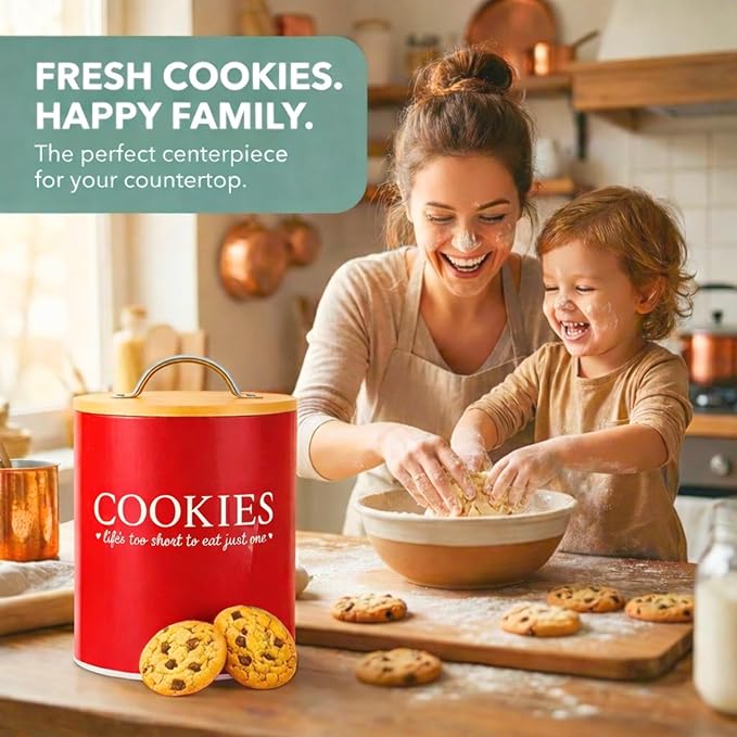 D'Lifeful Farmhouse Airtight Cookie Jar with Bamboo Lid - Kitchen Counter Storage Container for Cookies or even Candy (Red, Small Size (6.5" x 5.25"))