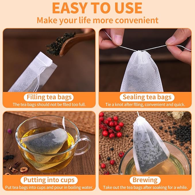 TamBee 8" x 10" Tea Bags DIY Disposable Bag Reusable Tea Bags for Loose Tea Empty Drawstring Seal String Bag Non Woven for Coffee Cook Bath Desiccant 100 Pcs