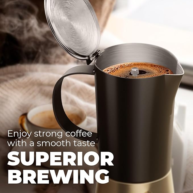 Stovetop Espresso Maker, Stainless Steel Moka Pot 6 Cup, Gold Espresso Maker (12 fl oz), Italian Coffee Pot, Compatible with Gas, Electric and Induction, Black & Gold Finish