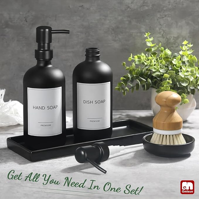 GMISUN Kitchen Soap Dispenser Set, 17 fl oz Dish Soap Dispenser with Ceramic Tray & Bamboo Brush for Kitchen, 2Pcs Matte Black Glass Hand and Dish Soap Dispenser Set, Refillable Soap Bottle Set