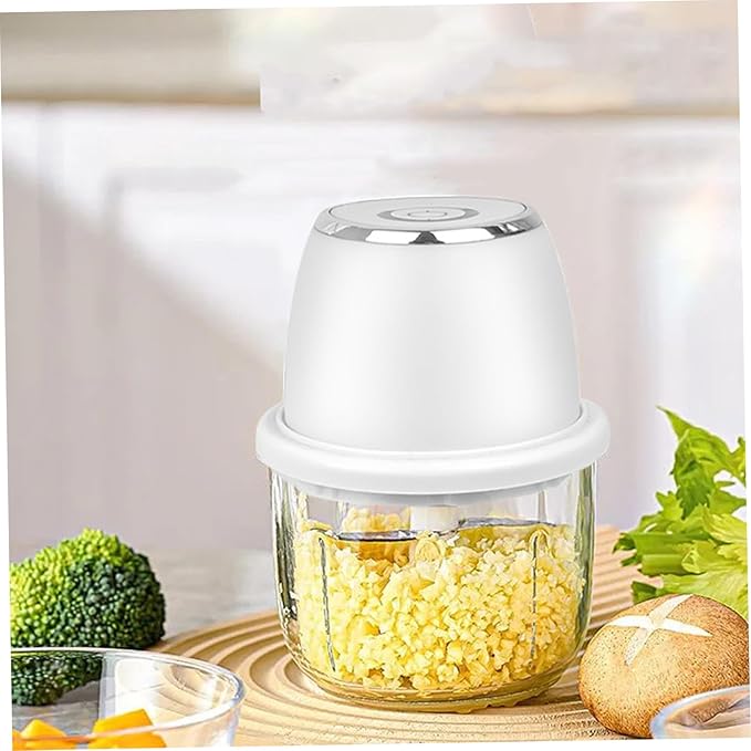 Electric Garlic Chopper, 350ml Mini Food Chopper with 6 Stainless Steel Blades & Thickened Glass, Cordless Mini Food Processor for Garlic, Ginger, Herbs - Easy Clean, Powerful Motor (White)