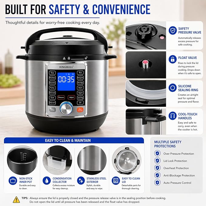 KINGBULL 14-in-1 Electric Pressure Cooker 8 Quart, Stainless Steel Multi Cooker with LCD Display and Knob Control, Slow Cooker, Rice Cooker, Steamer, Sauté, Yogurt Maker, Warmer, DIY Mode