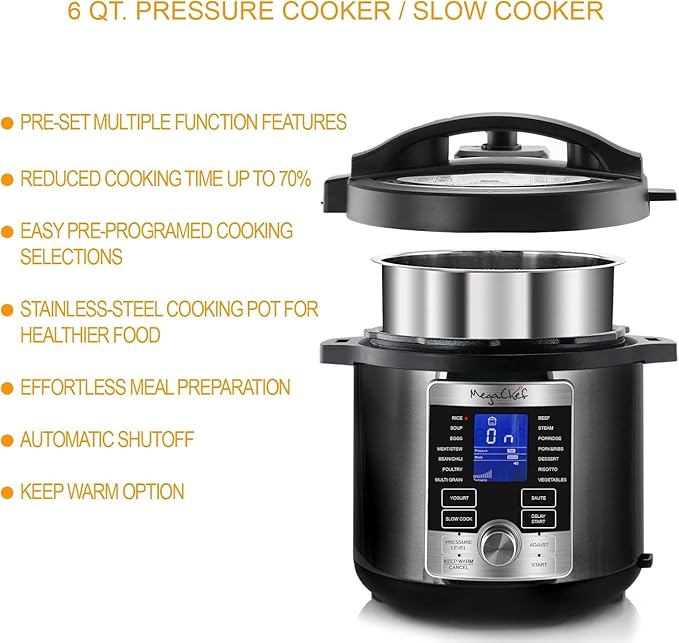 6 Quart Digital Electric Pressure Cooker – Stainless Steel Multi-Cooker with 14 One-Touch Programs, Locking Lid & Easy Clean Design