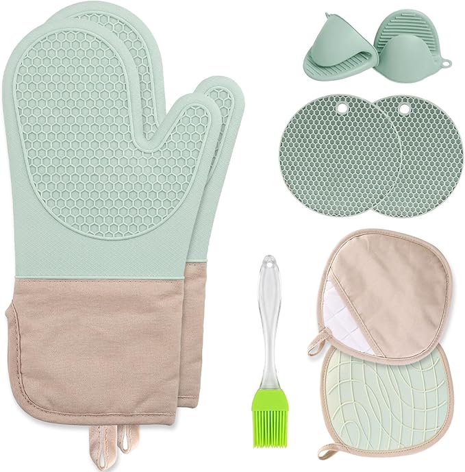 8-Piece Silicone Oven Mitts and Pot Holders Set with Hanging Loops - Heat Resistant Kitchen Gloves with Non-Slip Honeycomb Grip - Includes Mini Mitts & Trivet Mats for Cooking, Baking - Green