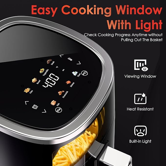 Compact Air Fryer, 9-in-1 with Smart Digital Color TouchScreen Air Fryers, View Window, Air Fry, Roast, Bake,Reheat, Dehydrate, 12 Presets,Dishwasher Safe Basket & Less Oil Nonstick,4.2QT