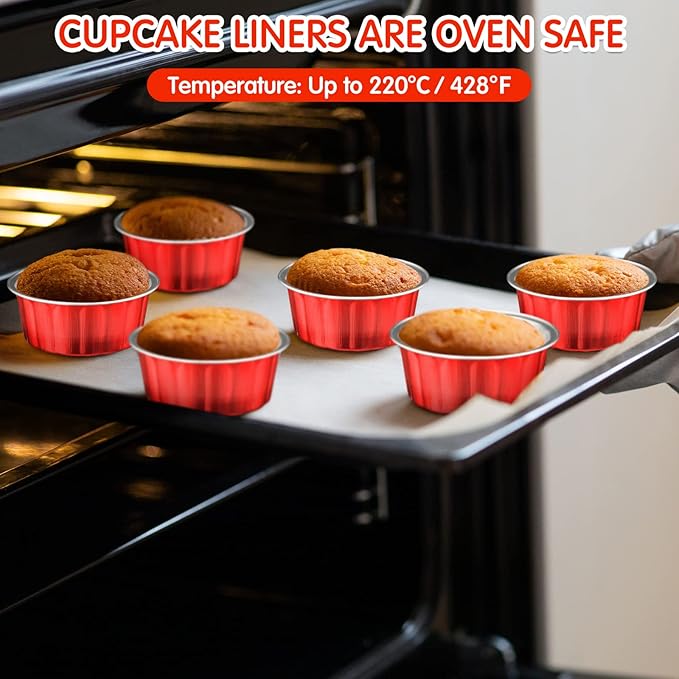Tessco for you 100 Pcs Disposable Ramekins with Lids 8 oz Creme Brulee Ramekin Aluminum Foil Cup Cupcake Liner Baking Valentines Disposable Muffin Tin Pan Cheesecake Container (Red,Silver)