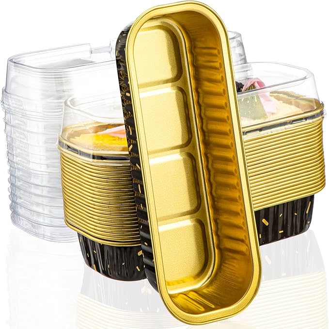 EUSOAR Mini Cake Pans with Lids, 25pcs 6.8oz 6.5"x2.5"x1.2" Aluminum Foil Mini Loaf Cake Baking Cups Pan with Lids，Disposable Creme Brulee Ramekins Baking Cups Containers, Dessert Cheesecake Pan Cups
