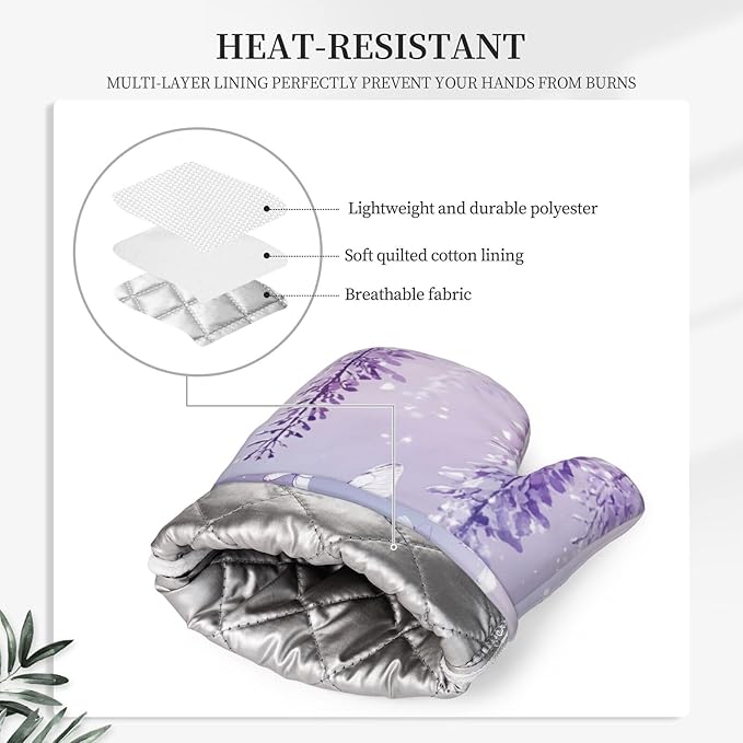 Oven Mitts and Pot Holders Lavender Butterfly Light Purple Flower Silicone Kitchen Accessories Set of 4 Heat Resistant Long Gloves Potholder Non-Slip Grip for Chef Cooking Baking Grilling BBQ