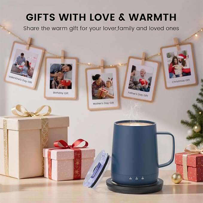 Smart Self Heating Coffee Mug,14oz Temperature Control Coffee Mug,Hot up to 150°F,Rechargeable Heated Coffee Mug,Up to 6H Battery Life,Coffee Cup Warmer,Great Gift for Coffee Lovers,Dad,Mom (Blue)