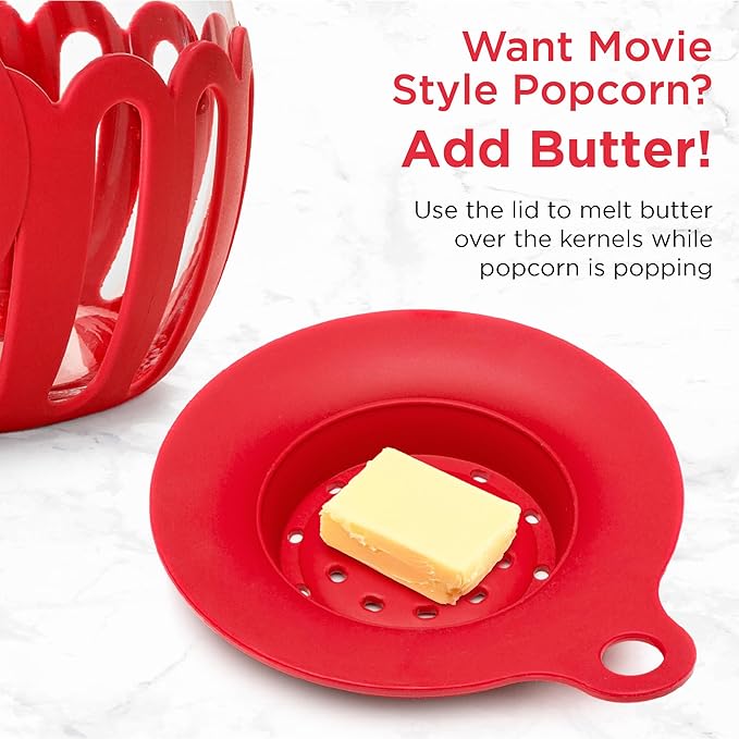 Ecolution Patented Micro-Pop Microwave Popcorn Popper with Temperature Safe Glass,3-in-1 Lid Measures Kernels and Melts Butter,Made Without BPA,Dishwasher Safe,3-Quart,Red,(Pack of 4)