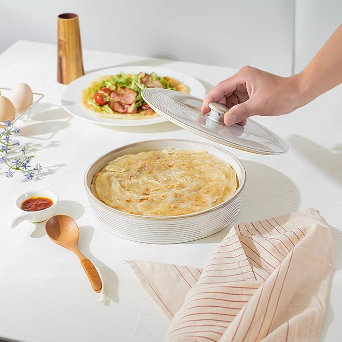 2 Pcs Tortilla Warmer, 9 inch Ceramic Tortilla Holder with Lids, Embossed Taco Holder Oven Microwave Safe, White Pancakes Warmer for Taco, Bread, Pancakes, Waffles, Keep Tortillas Warm