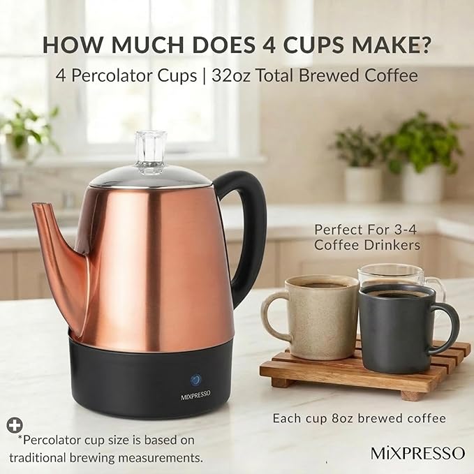 Mixpresso 4 Cup Percolator Coffee Pot Electric, Copper Stainless Steel Coffee Percolator Electric With Keep Warm Function, Classic Perculator Pot With Removable Basket for Home or Office