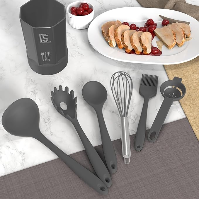 AOTHOD Silicone Cooking Utensils Set - 446°F Heat Resistant Kitchen Utensils,Spatula Sets,Turner Tongs,Spoon,Kitchen Utensil Gadgets Tools Set for Nonstick Cookware,Dishwasher Safe BPA Free (Gray)
