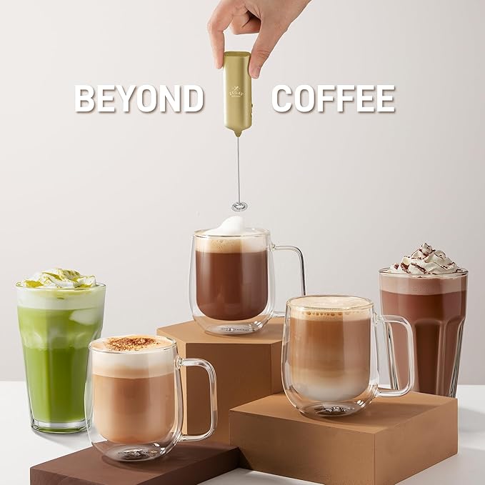 Mini & Mighty Milk Frother Wand – Powerful Handheld Coffee Frother, Battery Operated Drink Mixer – Compact Pocket Size – Detachable Whisk for Latte, Cappuccino, Matcha, Hot Chocolate – Gold