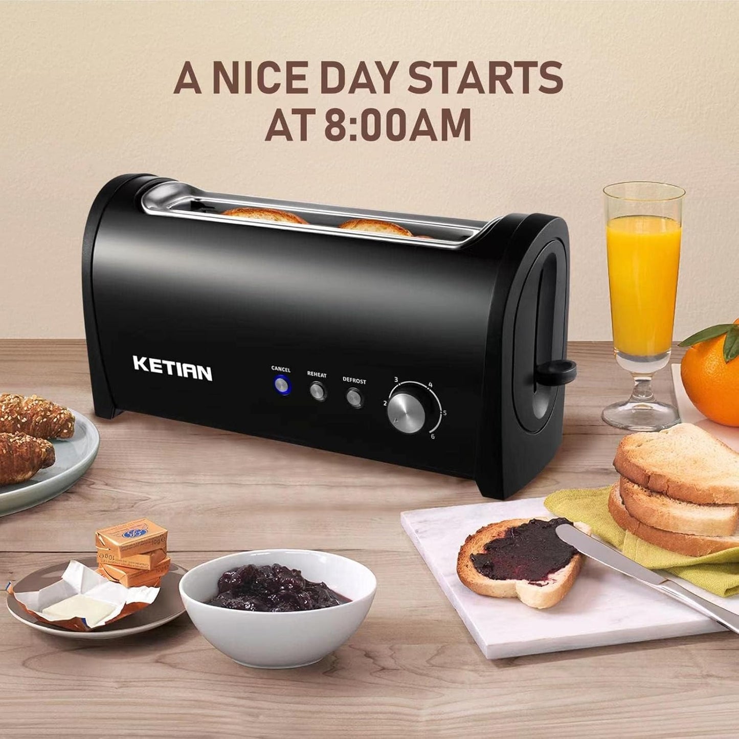 Long Slot Toaster 2 Slice,Cancel Reheat Defrost Functions,Removable Crumb Tray,6 Browning Settings,Extra Wide Long Slots,Stainless Steel,Black