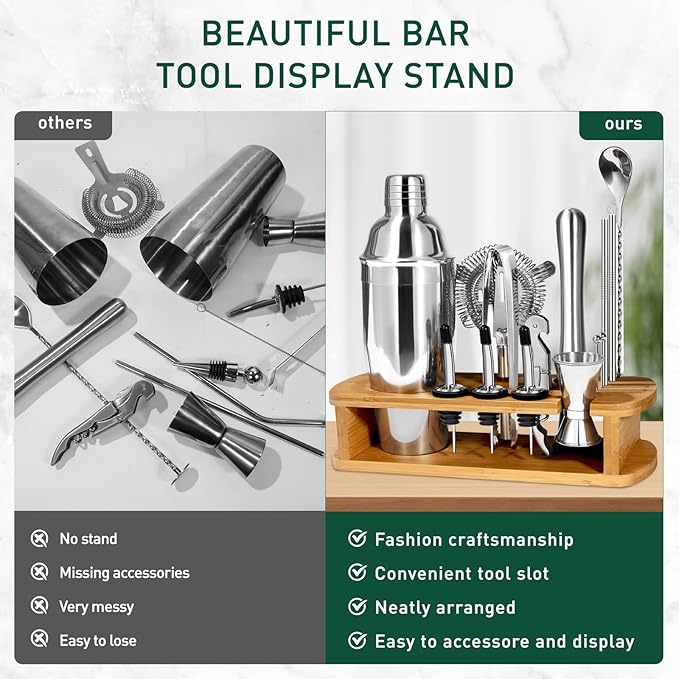 CasaCulina Cocktail Shaker Set Mixology Bartender Kit with Stand, 17 Piece Bar Tool Set: Martini Shaker, Jigger, Strainer, Mixer Spoon, Muddler, Liquor Pourers for Drink Mixing Bartending Kit(Silver)