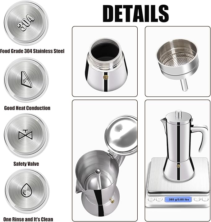 2 Cup Thickened 304 Stainless Steel Moka Pot Stovetop Espresso Maker Cafeteras Italian Percolator Espress Makers Capable Greca Mocha Coffee Machine for Induction Home and Camping 100ml 3.4oz