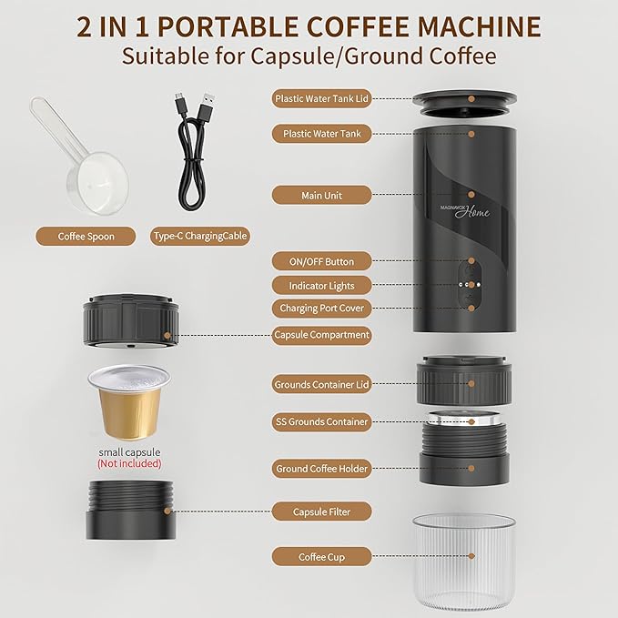 Magnavox HOME Portable Espresso Coffee Maker (Grounds or Pods) with Fast Brew Technology & Single Touch Control, Ideal for Offices or Travel