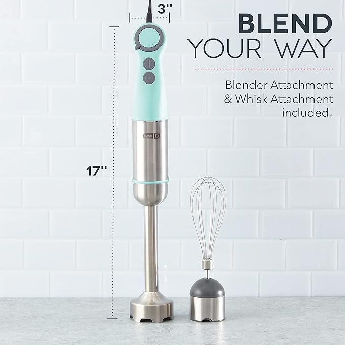 Dash Chef Series Immersion Hand Blender, 5 Speed Stick Blender with Stainless Steel Blades, Whisk Attachment and Recipe Guide – Aqua