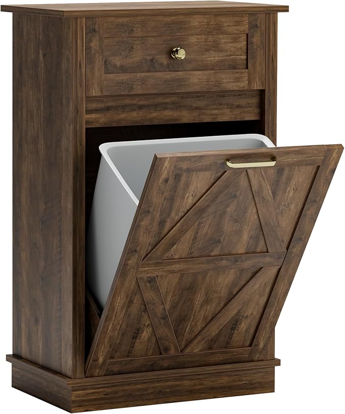 JUMMICO Tilt-Out Trash Can Cabinet, 10 Gallon Laundry Hamper Cabinets with Drawers, for Kitchen, Dining Room and Living Room (Brown, 1 Piece)