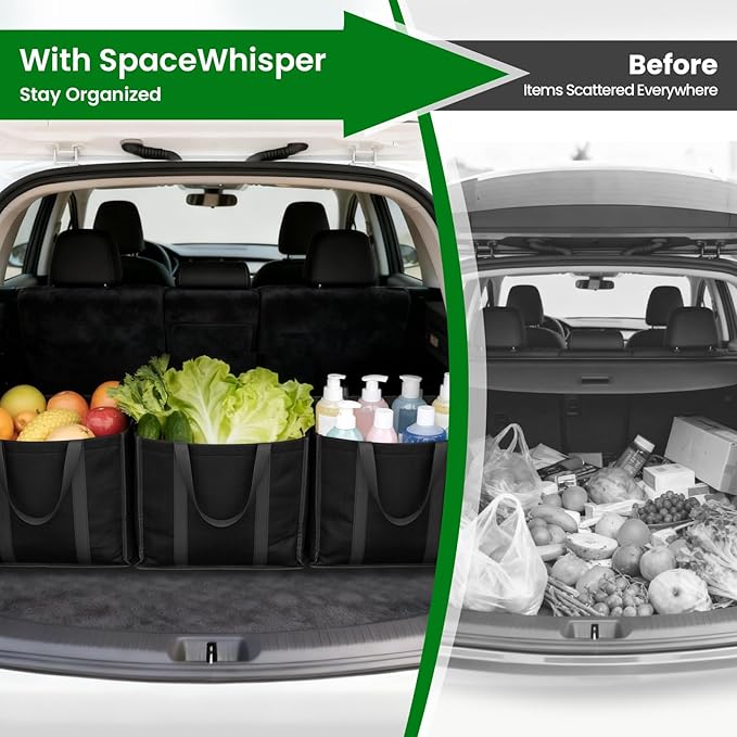 SpaceWhisper Reusable Grocery Bags with Long Handles [8 Pack] - Multipurpose Large Shopping Bags for Groceries, Foldable Grocery Totes Resist Water & Stains for Kitchen, Car Trunk, Picnic (Black)