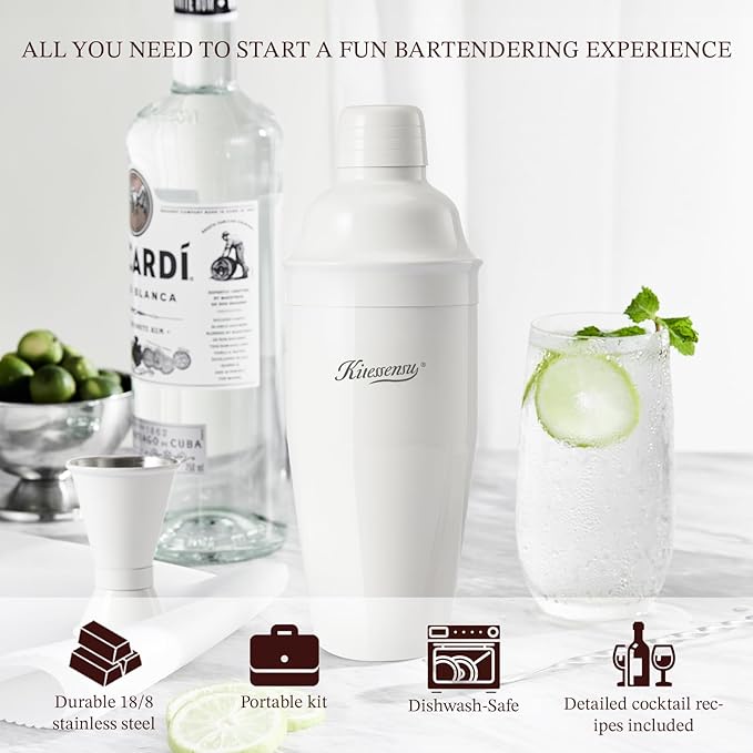 KITESSENSU Cocktail Shaker Set, Stainless Steel Martini Shaker with Bartender Strainer, Measuring Jigger, Bar Mixing Spoon, Cocktail Recipe Included, White