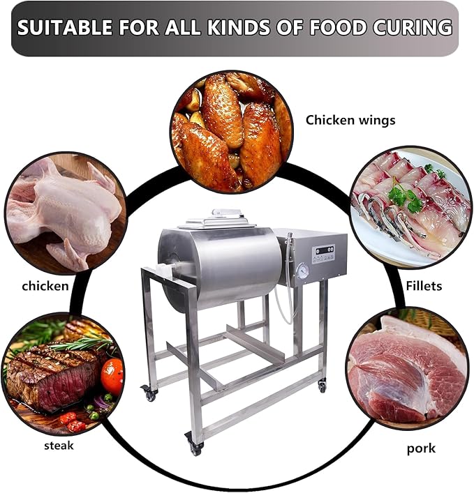 Hakka Commercial Meat Tumbler 90lb/45 liters - Vacuum Curing Machine for Jerky, Sausage, Bacon & More - Stainless Steel Food-Grade Tumbling Marinator w/Bidirectional Rotation & Speed Control