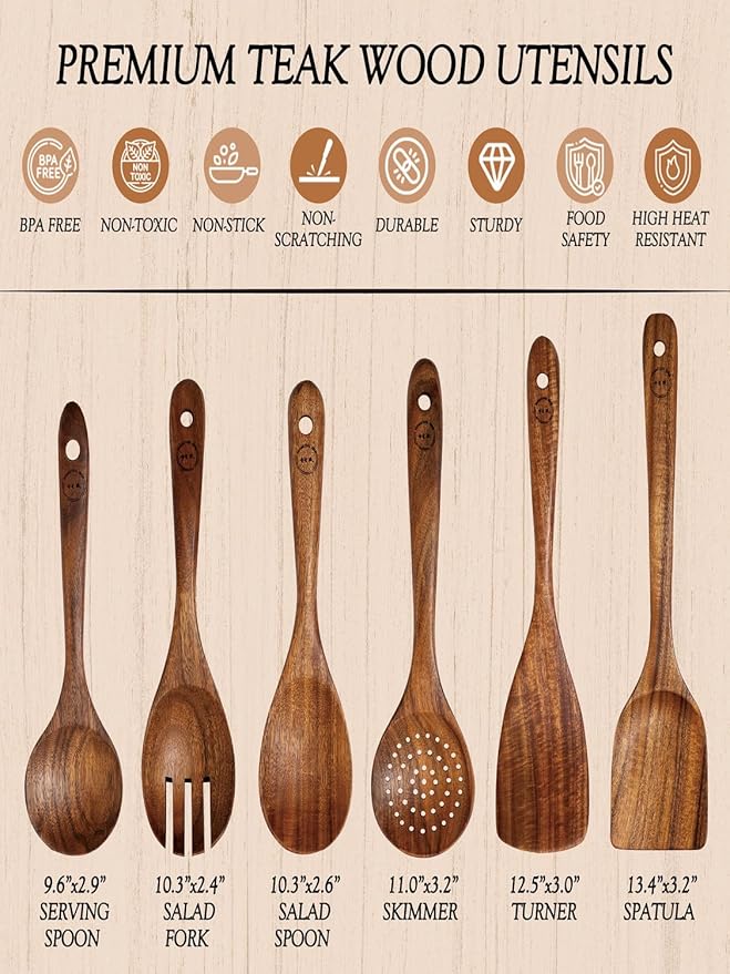 Natural Teak Wood Kitchen Utensil Set - 6 Piece Non-Stick Cooking Spoons & Spatulas, Heat Resistant & Eco-Friendly, Durable Wooden Tools for Nonstick Cookware