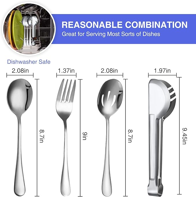 Patelai 4 Pieces Christmas Stainless Steel Silver Serving Utensils Set 8.7" Large Spoons and Slotted Spoon 9.45" Tong 9" Forks Flatware Wedding Party Buffet Banquet Cooking Kitchen Catering