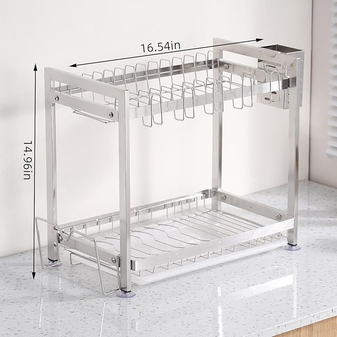Dish Drying Rack, Double Layered countertop Kitchen Organizer with Drainage Large Bowl Rack and Storage Rack with Drainage Board (Silver Upgraded Version)