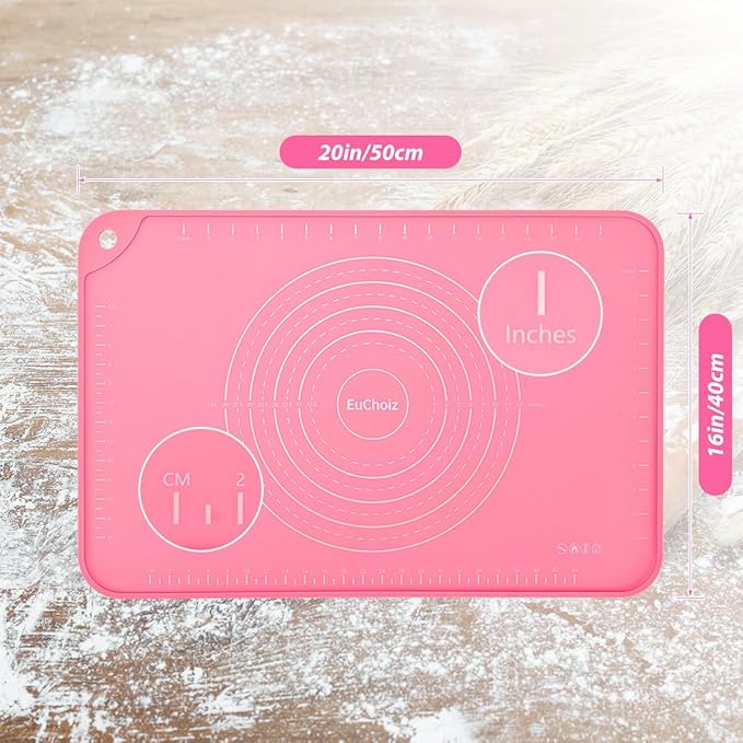 Silicone Pastry Mat 20"*16" Extra Thick Non Stick Baking Mat Food Grade Silicone Dough Rolling Bake Mat with Edge Heightening Pink