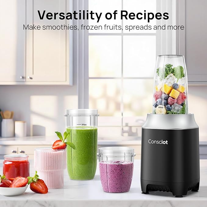 Consciot CB10 11Pcs Personal and Countertop Blender Combo, Make Shakes and Smoothies, Frozen Drinks, Baby Food, Spreads & More, 3 Portable BPA Free To-Go Cups, 2 Spout-Lids & 1 Flat-Lid, 900 Peak Watt