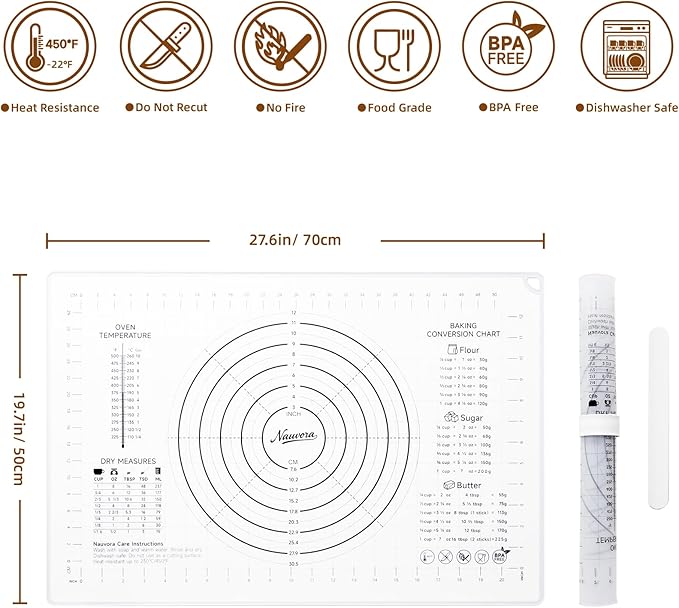 Extra Large Silicone Pastry Mat 28" - Non-Slip Liquid Silicone Baking Sheet with Measurements Anti-Spill Edge - Food Grade Dough Rolling Mat for Kneading Pie Crust, Bottom Marker, Transparent