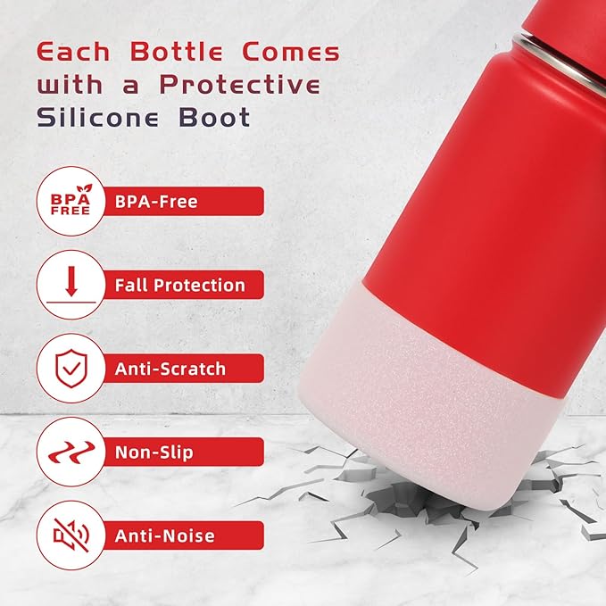 Volhoply 14oz KIds Stainless Steel Insulated Leakproof Water Bottle with Straw Lid and Silicone Boot,BPA-Free Easy Use for Boys&Girls,Double Wall Vacuum Bottles(Red,1)