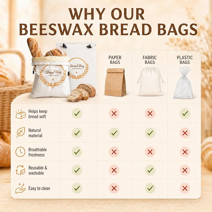 PIPI&TITI Reusable Beeswax Bread Bags for Homemade Bread (2-packs),Zippered Bread Bag for Sourdough Bread Storage,17x12.6 inches Food Storage,Portable Beeswax Cotton Bag,Freezer Friendly
