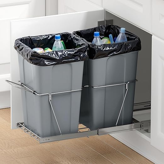 VEVOR Pullout Trash Can for Kitchen Cabinets, 27QTx2 Double Under Sink Garbage Waste Recycling Bin, Under Mount Waste Container, with Heavy Duty Metal Full Extension Sliding System and Handle Grey