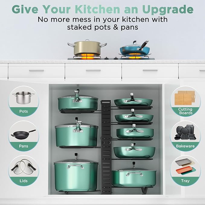 ORDORA Pots and Pans Organizer under Cabinet, 8 Tier Pot Organizers Rack Expandable 11.65" to 19.02" Height with 3 DIY Methods, Adjustable Pan Organizer inside Cabinet Kitchen Storage Organization