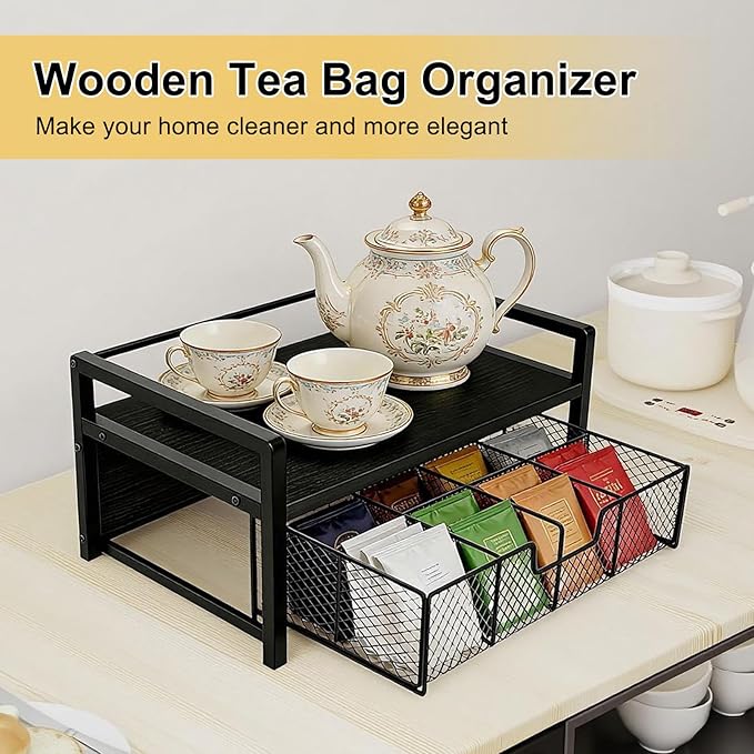 Tea Bag Organizer Wood Tea Organizer with 8 Compartments Storage Chests Tea Station Chest Display Container Box for Countertop Kitchen
